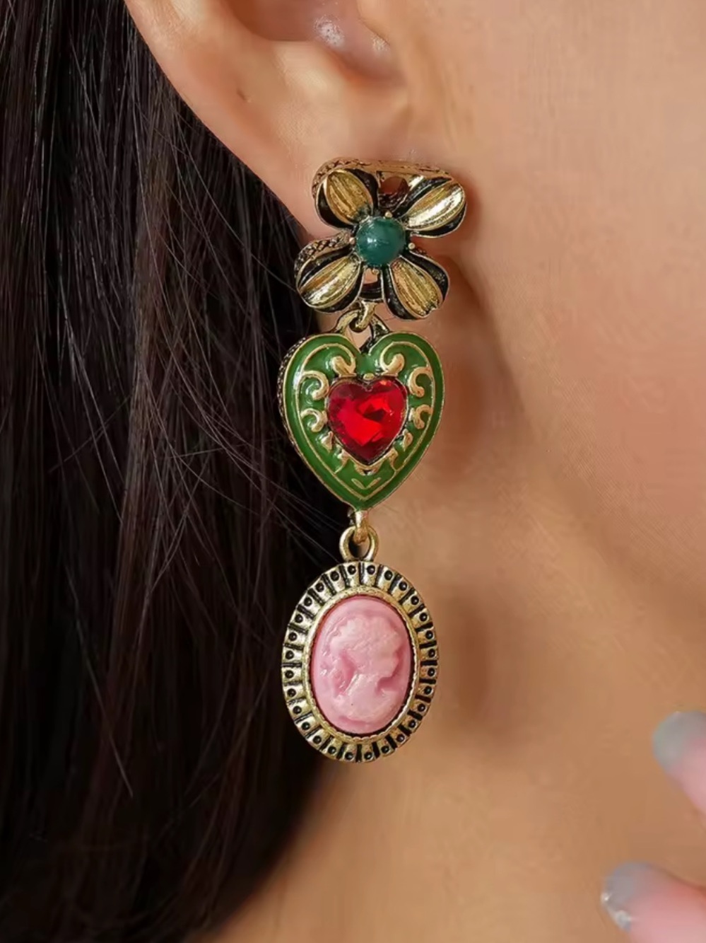 New Vintage-Inspired Green & Gold Heart Drop Earrings with Red Gem and Pink - Picture 5 of 5